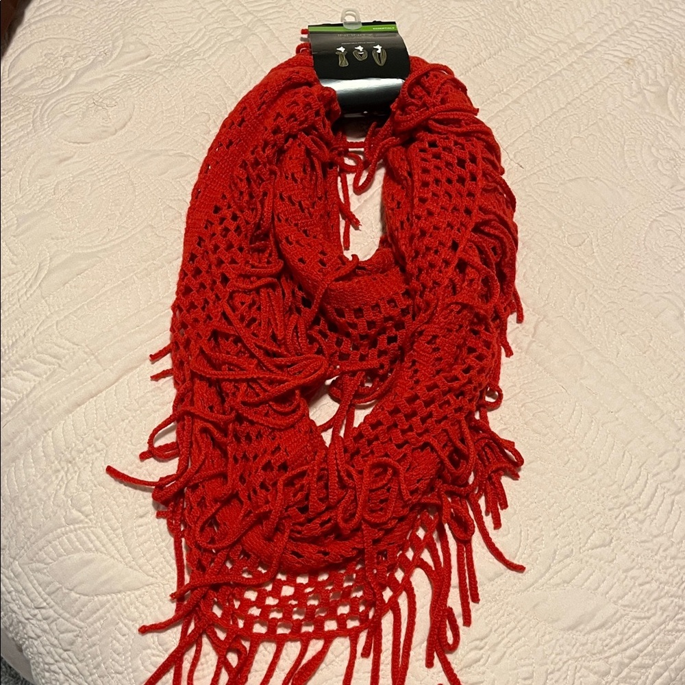 New NWT Mixit knit soft knit bright red open weave fringe infinity scarf